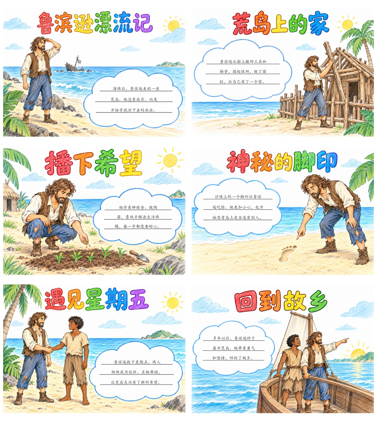鲁滨逊漂流记阅读｜彩铅｜A4横版｜6张作品预览