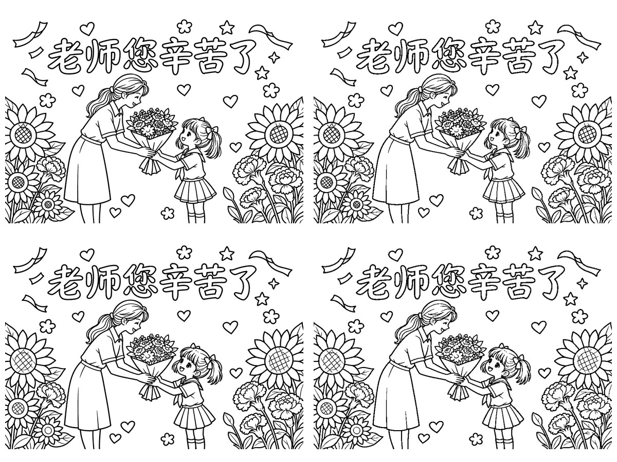 女孩送花A4横版勾线涂色版预览