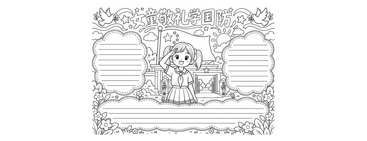 国防教育｜A4横版｜小女孩1张勾线涂色版预览