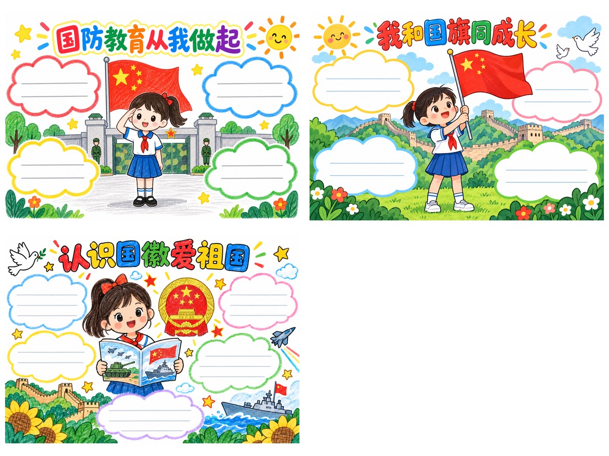 国防教育|儿童手绘艺术字云朵留白型|A4横版|3张作品预览