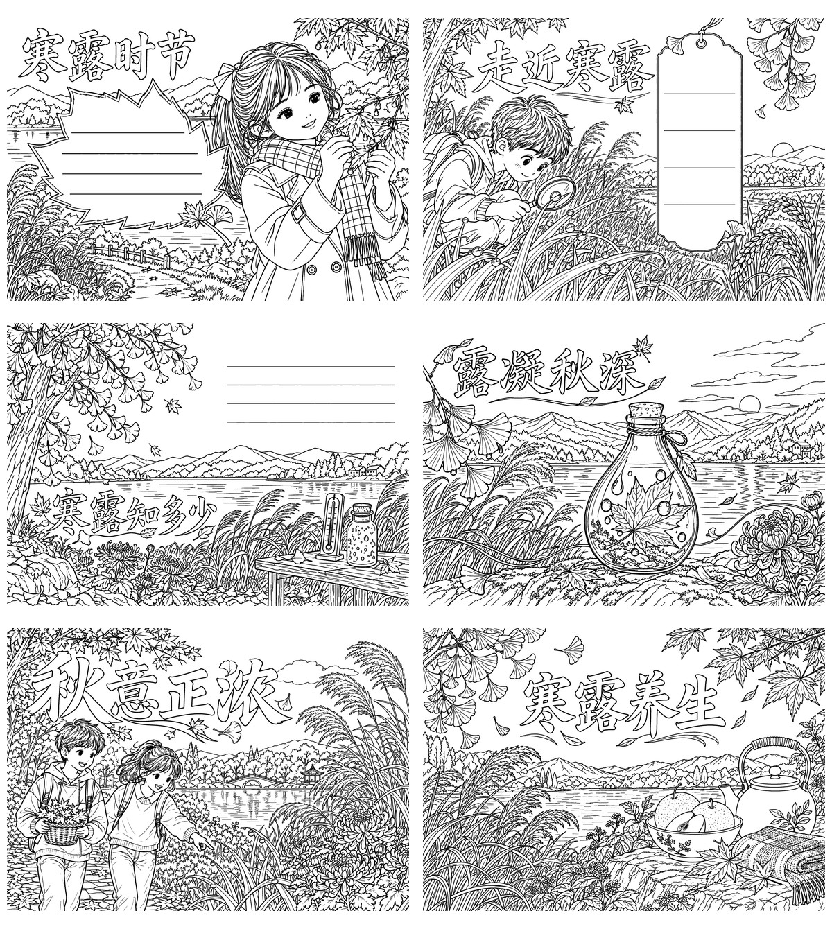 寒露主题手抄报｜8开横版｜6张勾线涂色版预览
