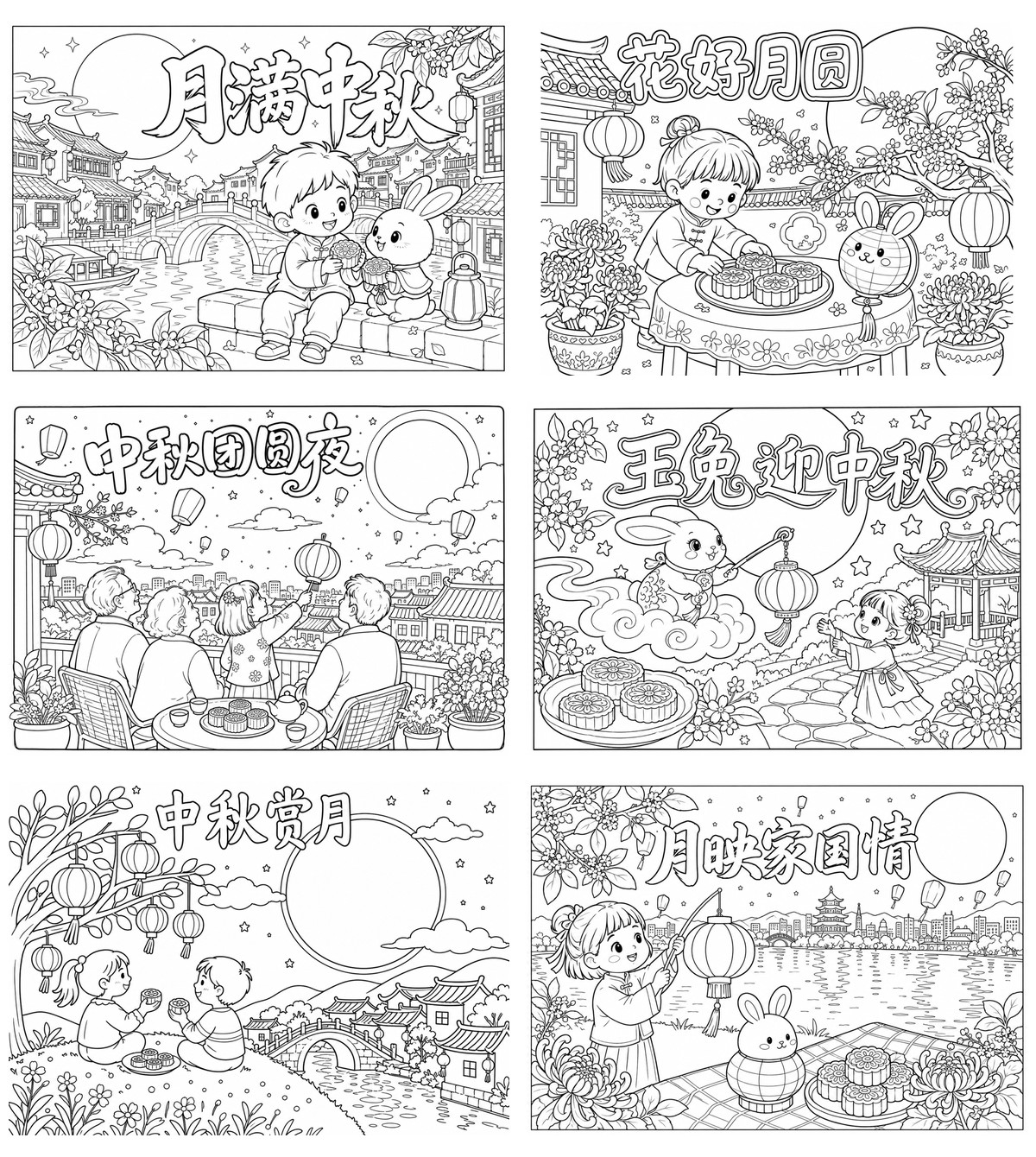 中秋节手抄报｜无文字版勾线涂色版预览