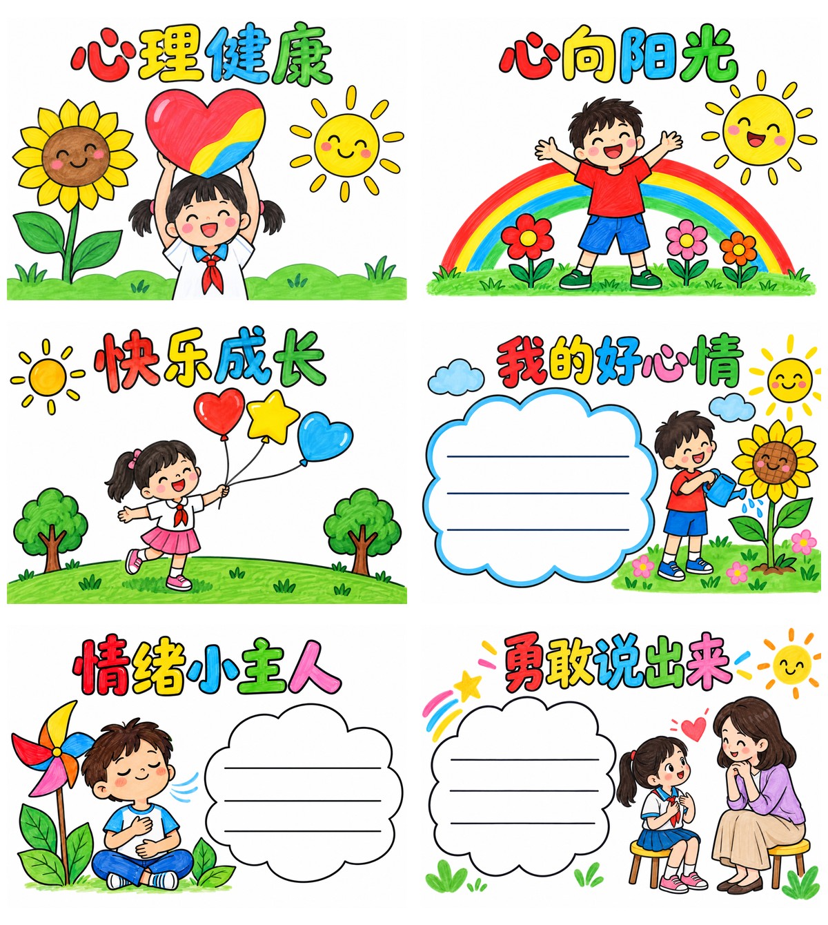 心理健康｜水彩笔平涂｜A4横版｜8张作品预览