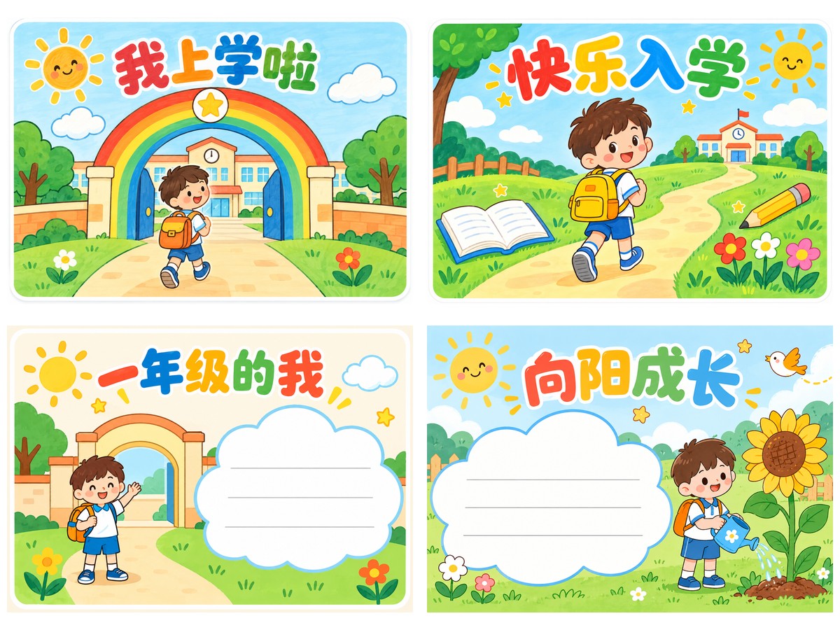 一年级快乐入学向阳成长|A4横版|参考风格重绘作品预览